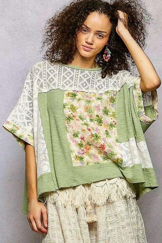 POL Floral Patchwork Lace Accent Blouse - Sleekdenim.com