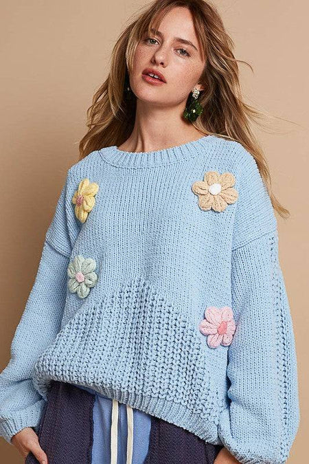 POL Crochet Flower Round Neck Dropped Shoulder Sweater - Sleekdenim.com