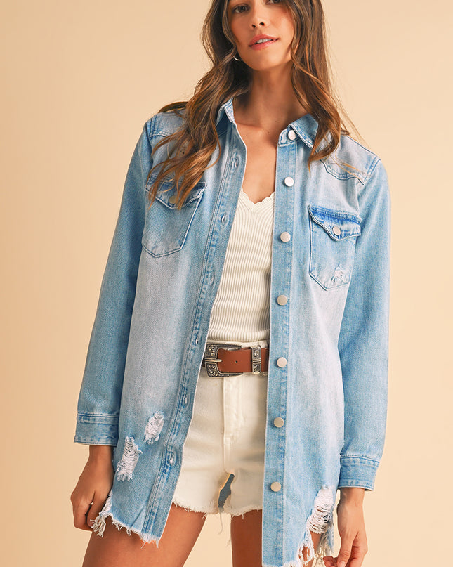 Beau Blue Light Wash Distressed Frayed Long Denim Shacket