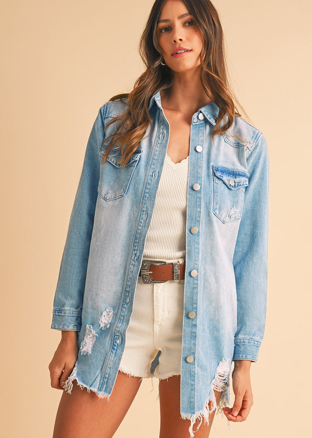Beau Blue Light Wash Distressed Frayed Long Denim Shacket