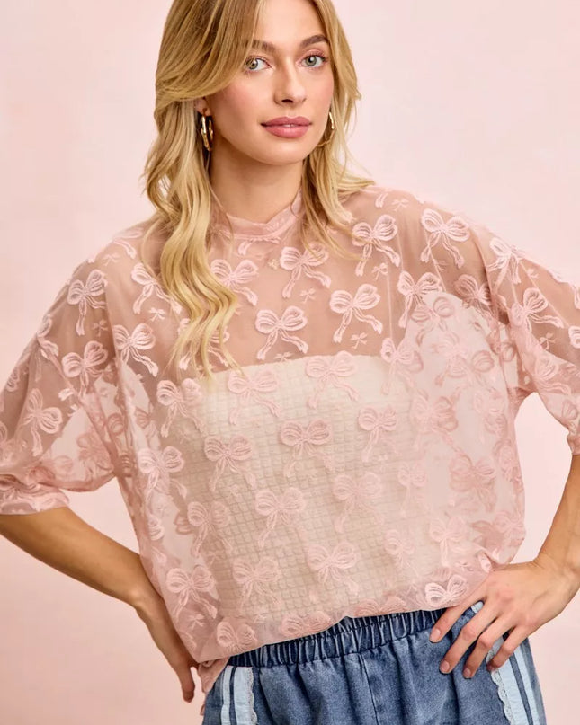 BiBi Bow Pattern Short Sleeves Boxy Mesh Top - Sleekdenim.com