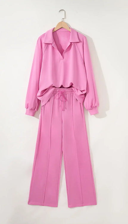 Polo Collar V Neck Pullover and Drawstring Sweatpants Set - Sleekdenim.com