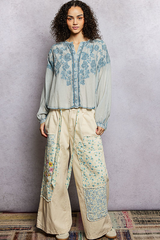 POL Floral Embroidered Button Down Long Sleeve Shirt - Sleekdenim.com