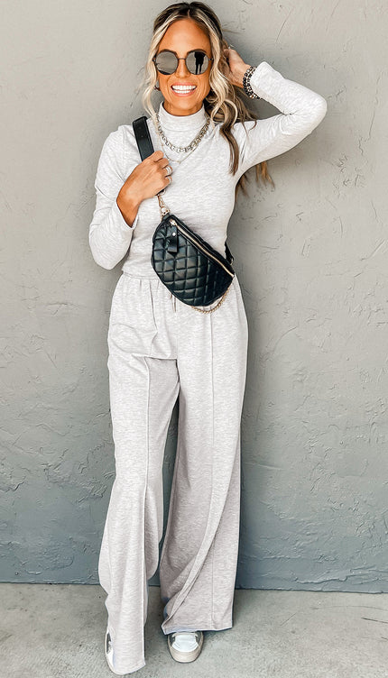 Light Grey Long Sleeve High Neck Slim Top Smocked Waist Central Seam Pants Set - Sleekdenim.com