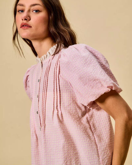 SO ME Gingham Lace Trim Button Bubble Sleeves Blouse - Sleekdenim.com