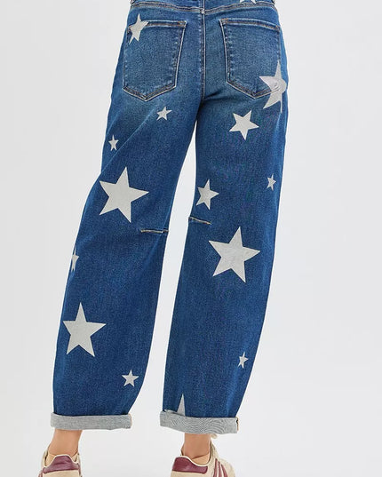 RISEN Mid Rise Ankle Length Relaxed Barrel Star Printed Jeans - Sleekdenim.com