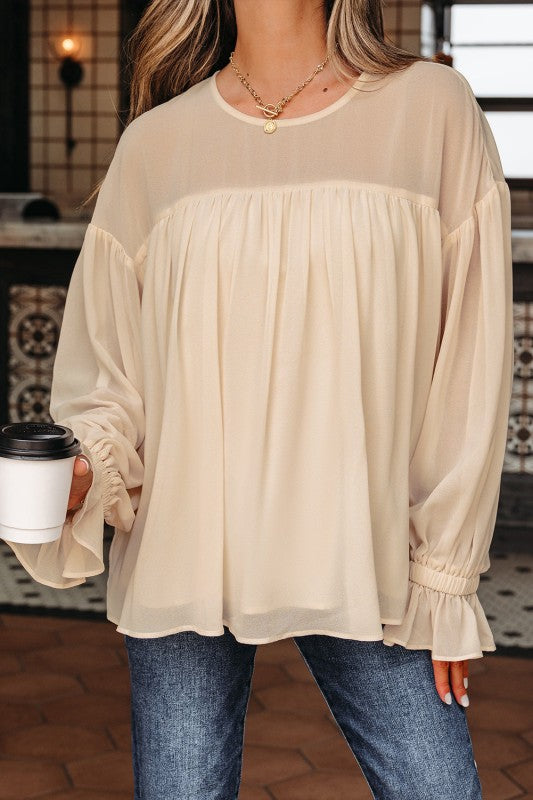 Solid Chiffon Pleated Ruffle Long Sleeve Blouse - Sleekdenim.com