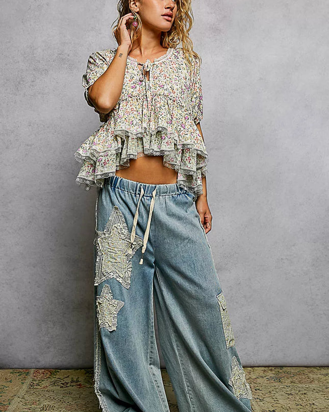 POL Floral Short Balloon Sleeve Ruffled Blouse - Sleekdenim.com