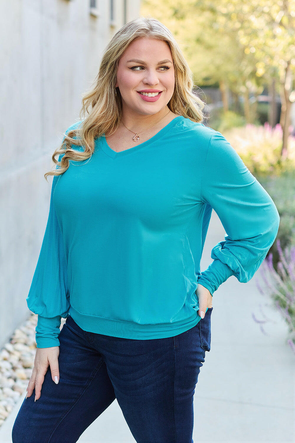 Basic Bae Full Size V-Neck Lantern Sleeve Top Sky Blue