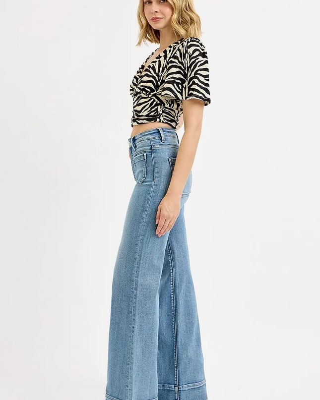 RISEN Full Size High Rise Wide Flare Patch Pocket Jeans Plus Size - Sleekdenim.com