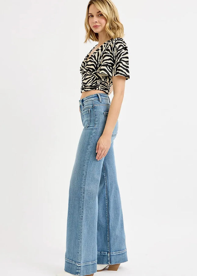 RISEN Full Size High Rise Wide Flare Patch Pocket Jeans Plus Size - Sleekdenim.com