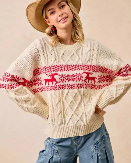 BiBi Christmas Theme Patterned Cable Knit Sweater - Sleekdenim.com