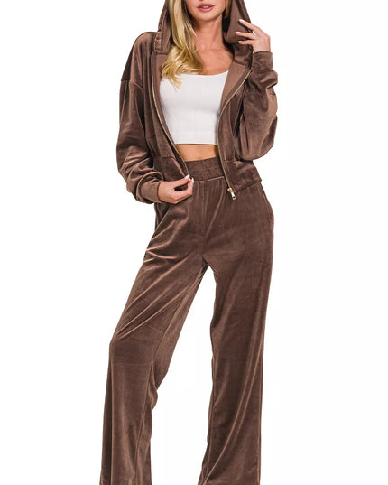 Zenana Velvet Zip Up Hoodie and Pants Set - Sleekdenim.com
