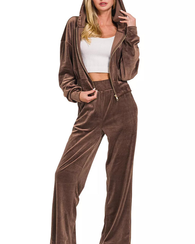 Zenana Velvet Zip Up Hoodie and Pants Set - Sleekdenim.com