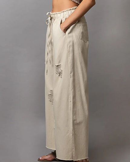 POL Distressed Drawstring Slit Wide leg Pants - Sleekdenim.com