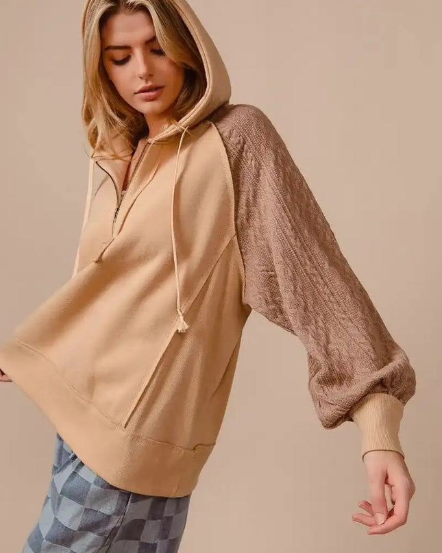 BiBi Half Zip French Terry Hoodie with Kint Sleeves - Sleekdenim.com