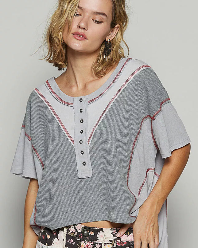 POL Round Neck Short Sleeve Contrast Stitching Top with Back Strap Detail - Sleekdenim.com