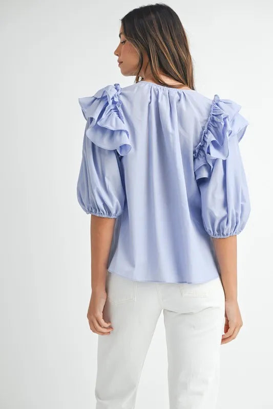 MABLE Stripe Ruffle Shoulder Puff Sleeve Blouse - Sleekdenim.com