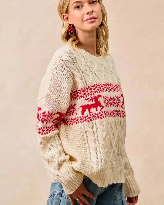 BiBi Christmas Theme Patterned Cable Knit Sweater - Sleekdenim.com