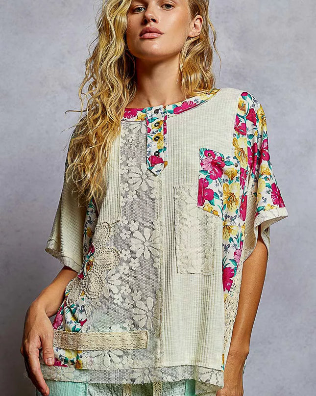 POL Lace Round Neck Short Sleeve Floral Pattern Top with Patch Detail - Sleekdenim.com
