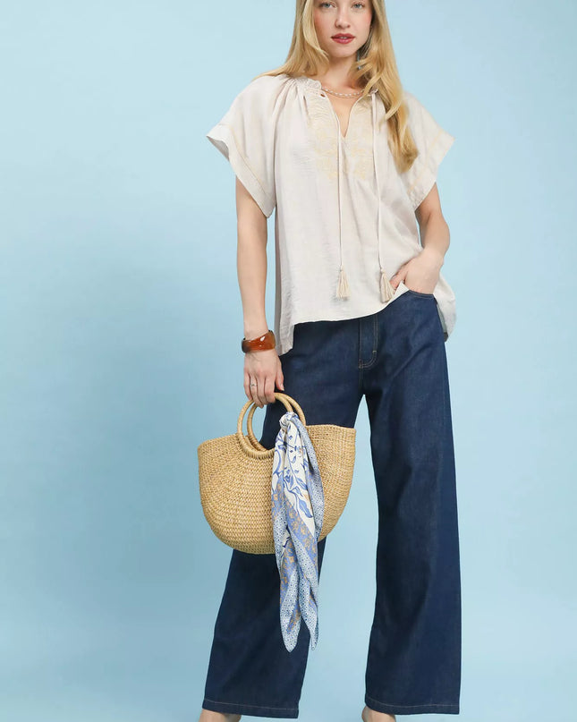 Umgee Embroidered Boho Blouse with Tassel Tie - Sleekdenim.com