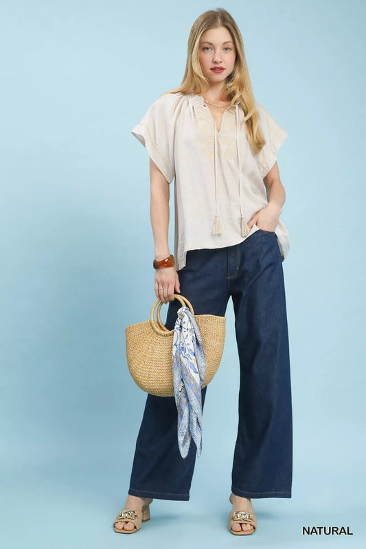 Umgee Embroidered Boho Blouse with Tassel Tie - Sleekdenim.com