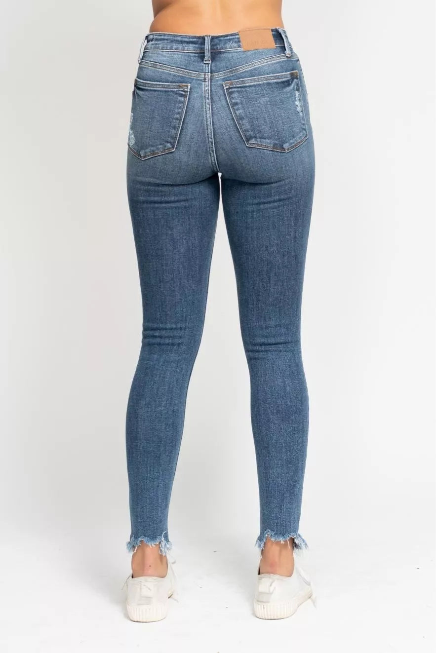 Judy Blue High Waist Skinny Jeans with Destroy & Shark Bit Hem - Sleekdenim.com