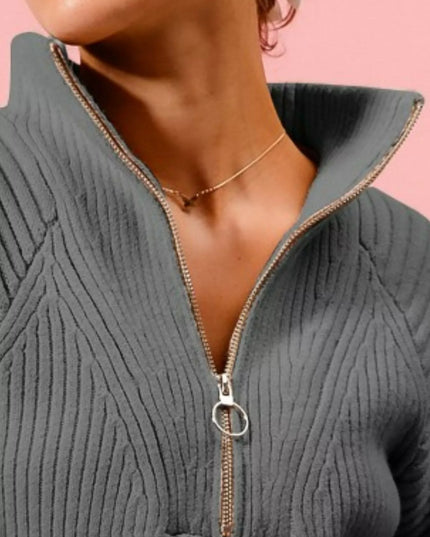 SO ME Half Zip Raglan Balloon Sleeves Ribbed Sweater - Sleekdenim.com