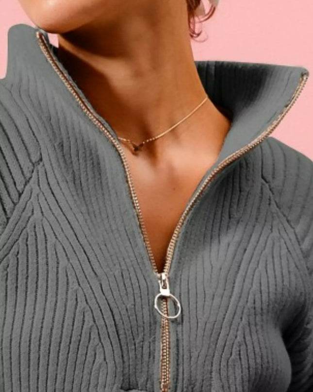 SO ME Half Zip Raglan Balloon Sleeves Ribbed Sweater - Sleekdenim.com