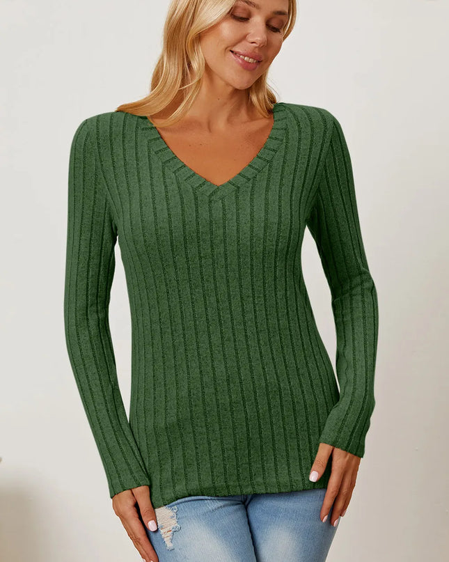 Basic Bae Full Size Ribbed V-Neck Long Sleeve T-Shirt - Sleekdenim.com