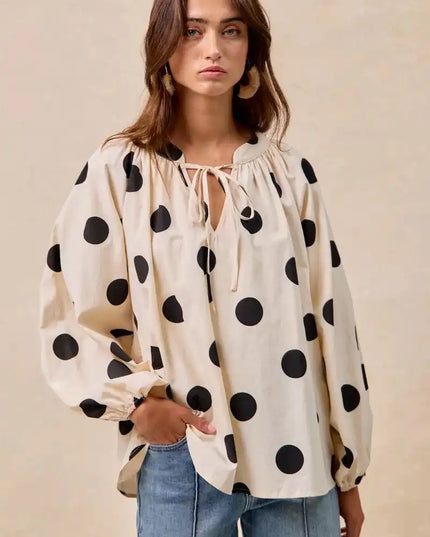 BiBi Polka Dot Exaggerated Balloon Sleeves Blouse - Sleekdenim.com