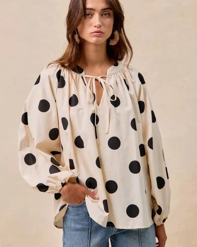 BiBi Polka Dot Exaggerated Balloon Sleeves Blouse - Sleekdenim.com