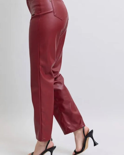 Judy Blue Full Size High Waist Tummy Control Faux Leather Straight Pants Plus Size - Sleekdenim.com