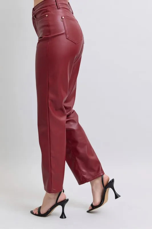 Judy Blue Full Size High Waist Tummy Control Faux Leather Straight Pants Plus Size - Sleekdenim.com