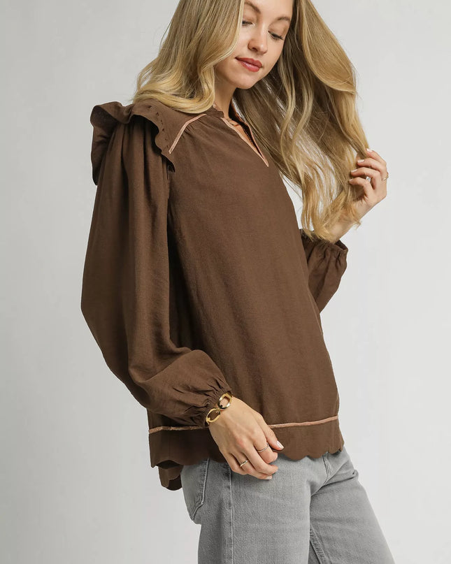 Umgee Ruffle Shoulder Long Sleeve Blouse - Sleekdenim.com