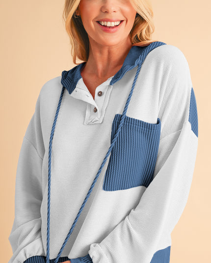 White Corded Patch Pocket Drawstring Henley Long Sleeve Top - Sleekdenim.com