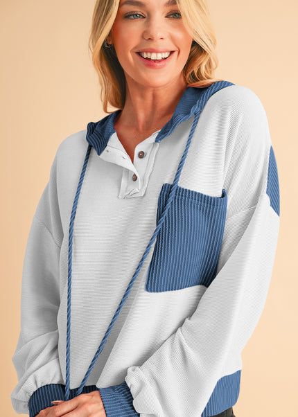 White Corded Patch Pocket Drawstring Henley Long Sleeve Top - Sleekdenim.com