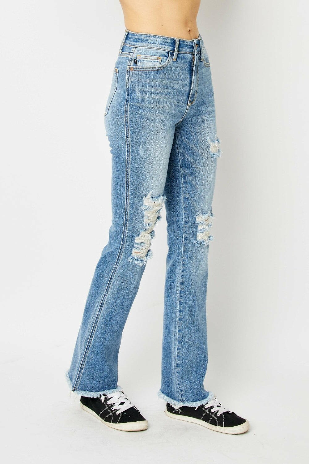 Judy Blue Full Size Distressed Raw Hem Bootcut Jeans | Sleekdenim.com