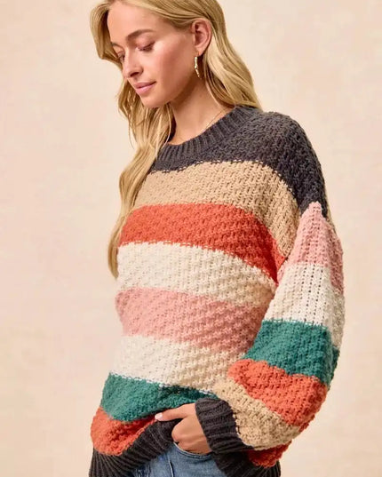 BiBi Stripes Color Block Chunky Sweater - Sleekdenim.com