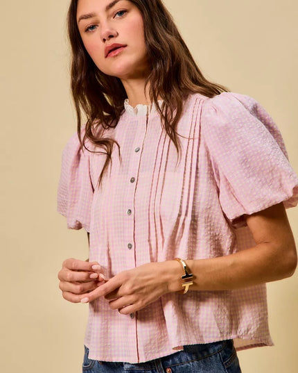 SO ME Gingham Lace Trim Button Bubble Sleeves Blouse - Sleekdenim.com