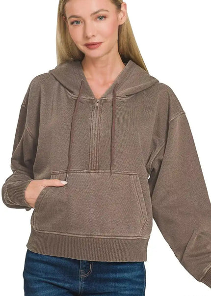 Zenana Fleece Pigment Dye Half Zip Kangaroo Pocket Hoodie - Sleekdenim.com
