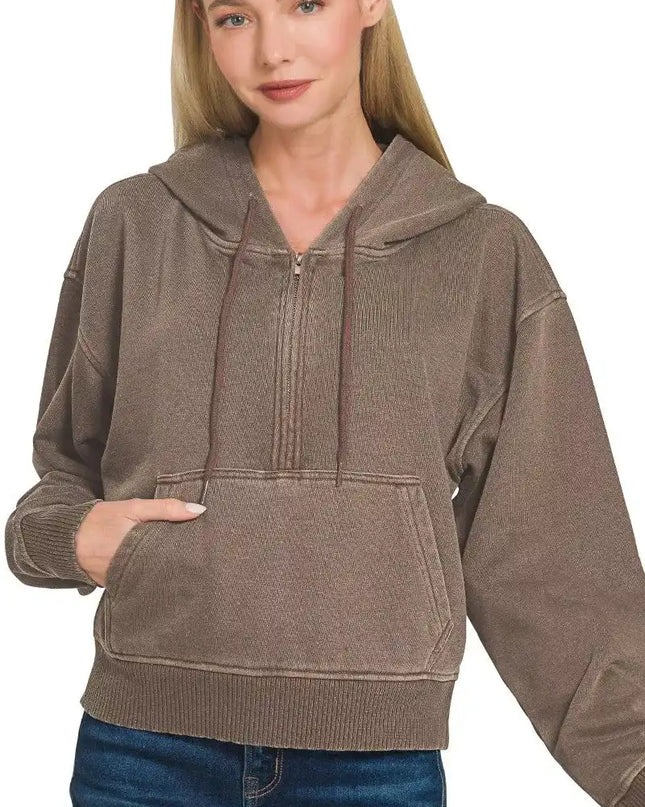 Zenana Fleece Pigment Dye Half Zip Kangaroo Pocket Hoodie - Sleekdenim.com