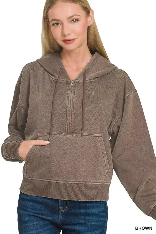 Zenana Fleece Pigment Dye Half Zip Kangaroo Pocket Hoodie