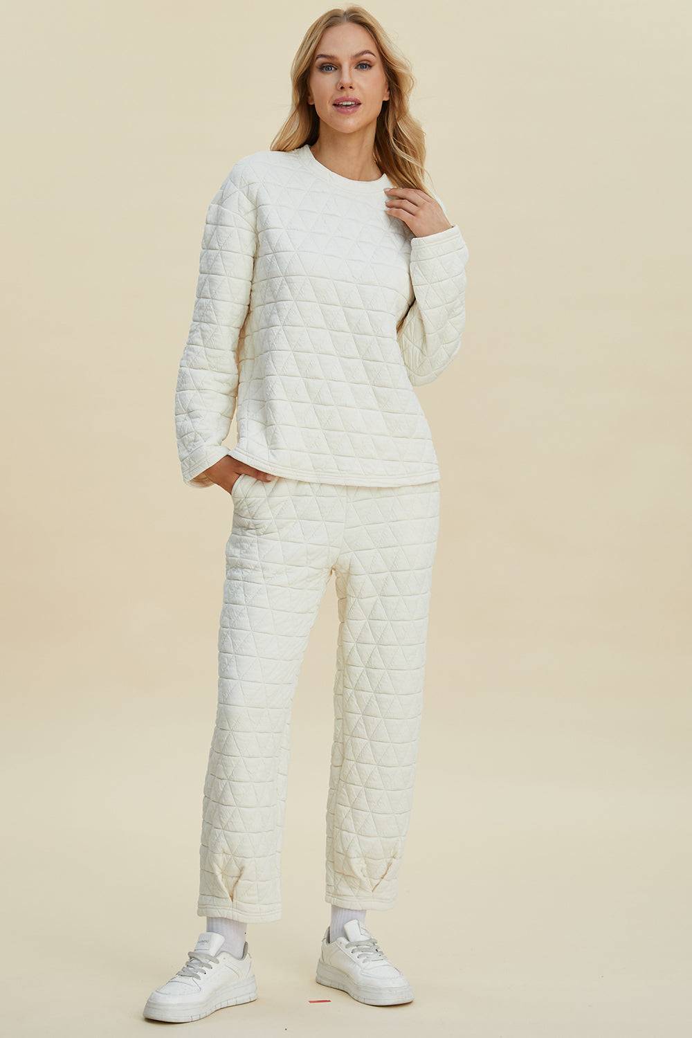 Double Take Full Size Texture Round Neck Long Sleeve Top and Pants Set | Sleekdenim.com