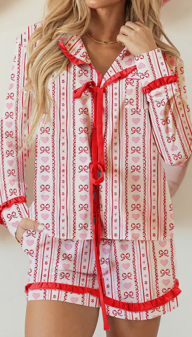 Red Sweet Floral Heart Bow Print Contrast Trim Long Sleeve Shirt Pajama Short Set - Sleekdenim.com