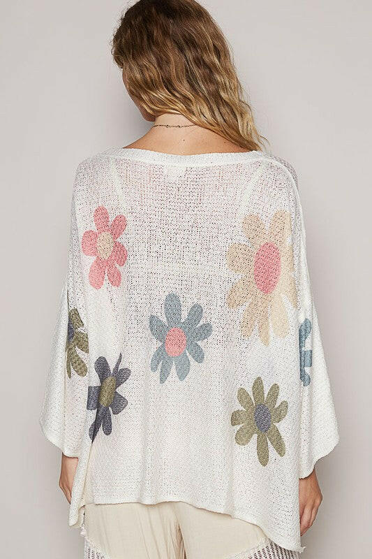 POL Flower Dropped Shoulder Long Sleeve Knit Top | Sleekdenim.com