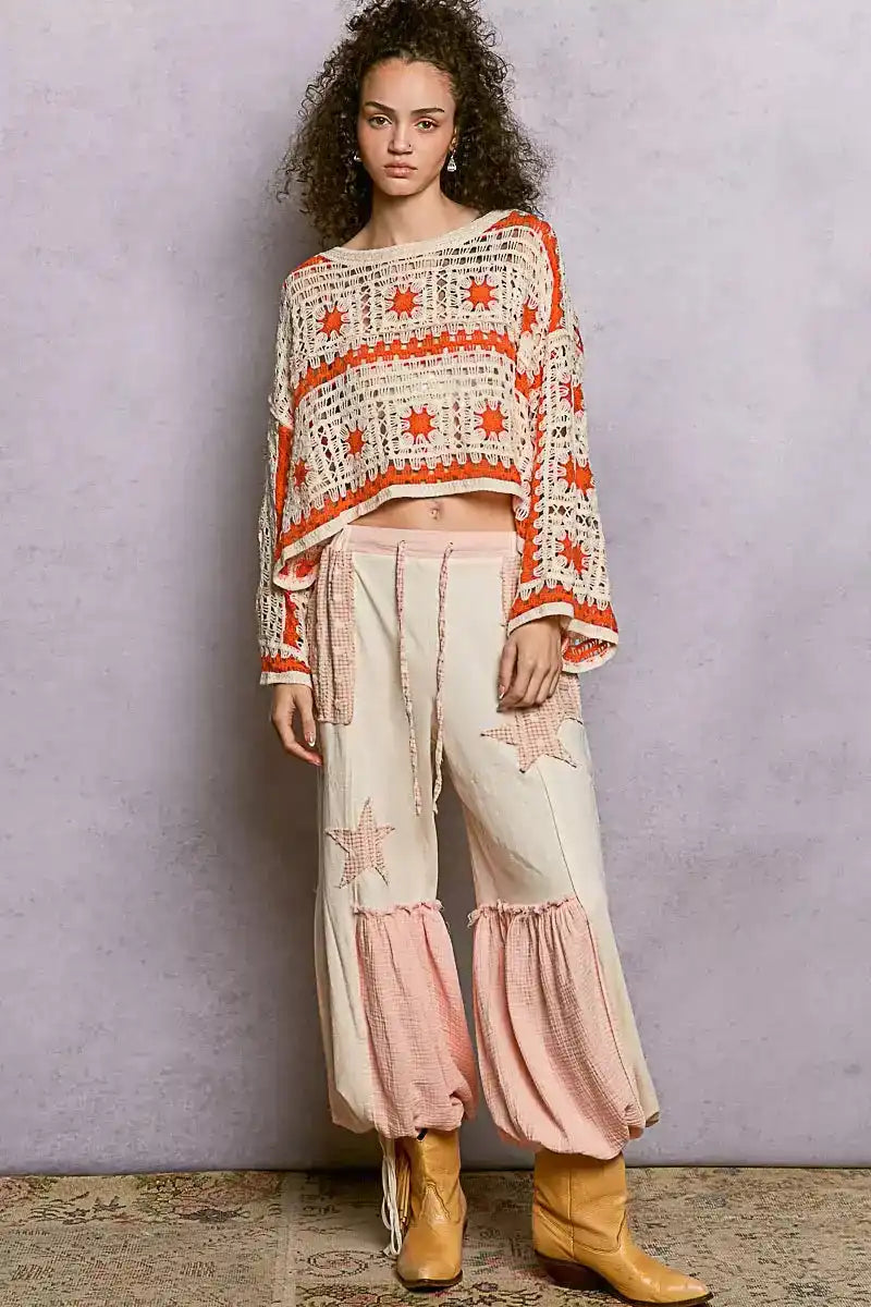 POL Boat Neck Long Sleeve Crochet Top with Granny Square Weaving - Sleekdenim.com