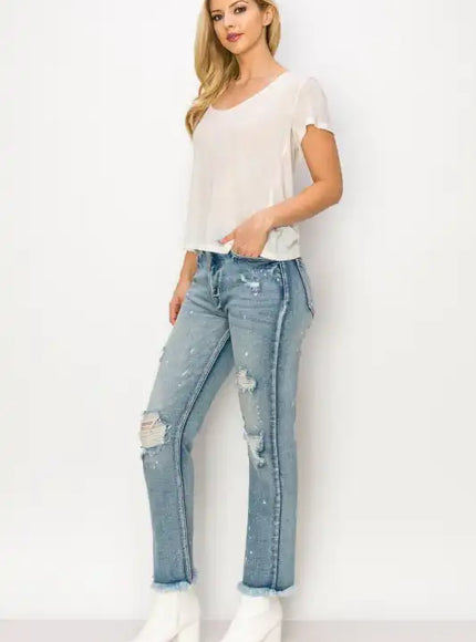 Artemis Vintage AT1050STM High Rise Distressed Straight Jeans - Sleekdenim.com