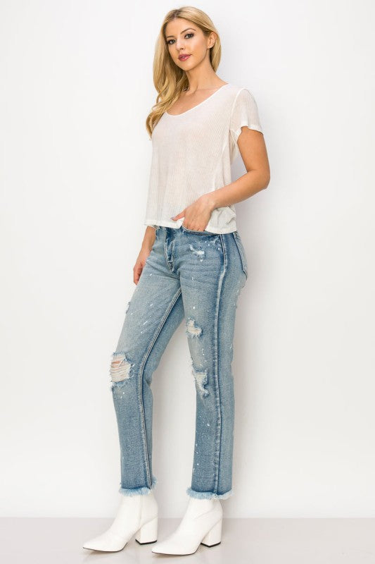 AT1050STM High Rise Distressed Straight Jeans - Sleekdenim.com