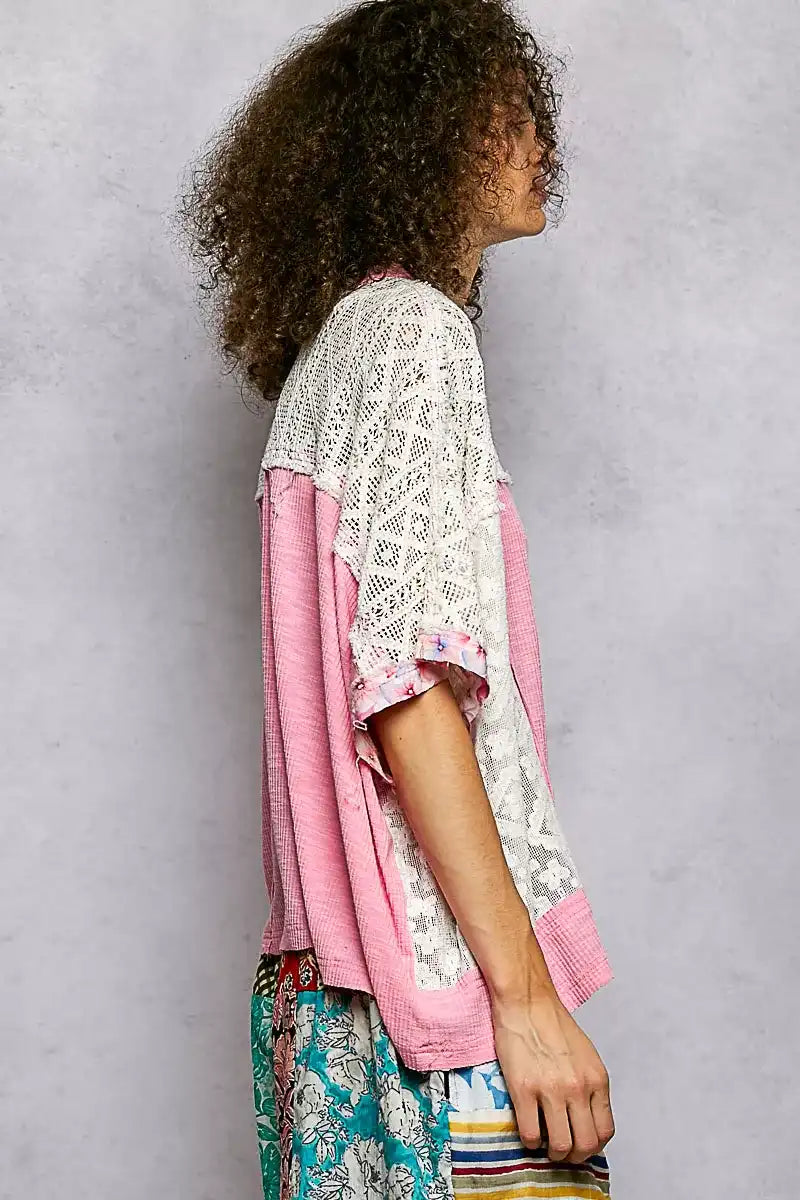 POL Floral Patchwork Lace Accent Blouse - Sleekdenim.com